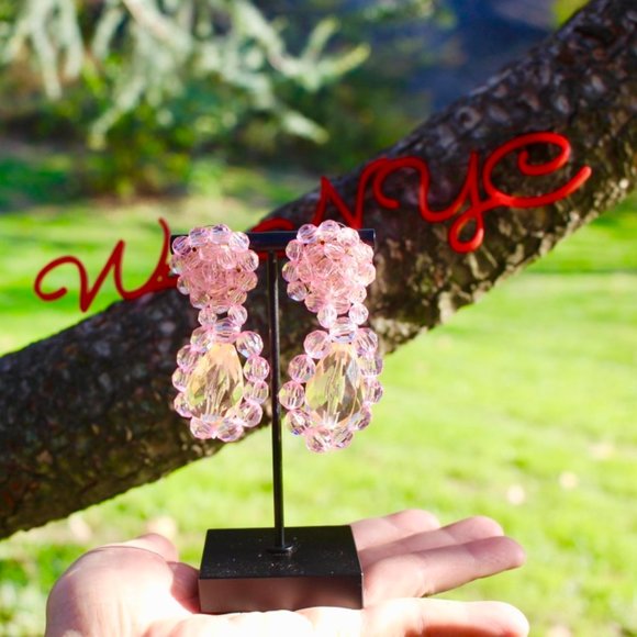New Clear Crystal Acrylic Dangle Drop Earrings Pink Big Dangle Fresh Spring - Picture 10 of 13